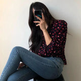 Shirt Woman Vintage Printed V-neck Sexy Korean Style Top Sweet Lantern Sleeve Retro Chic All-match Spring Autumn Single-Breasted Women Tops