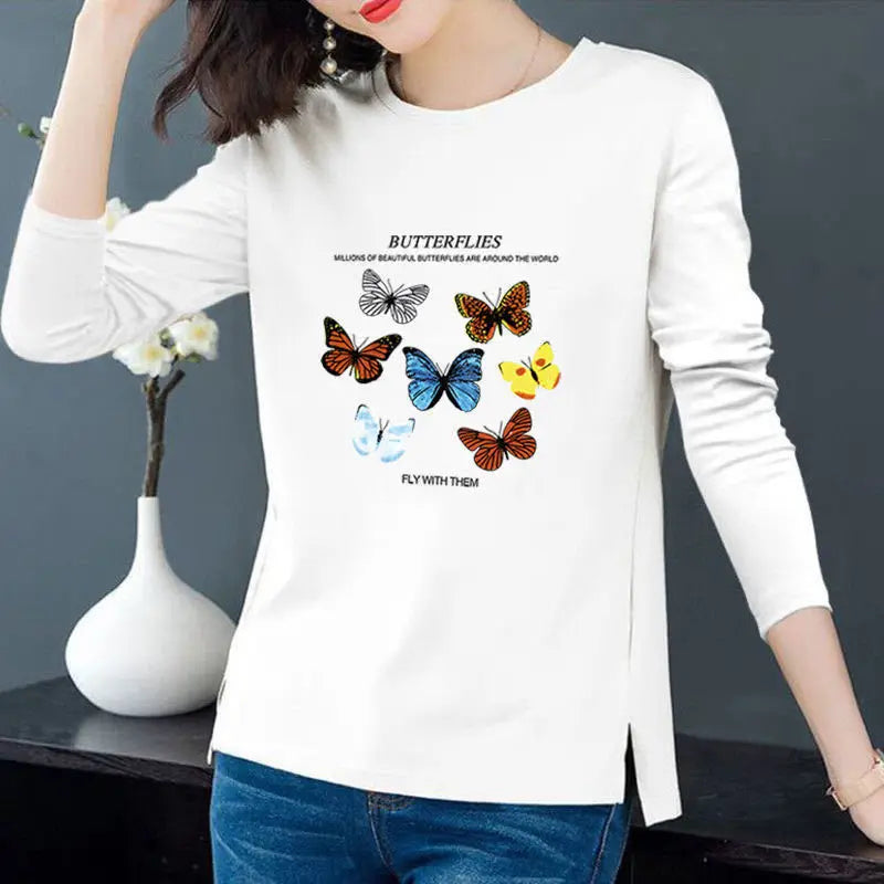 Butterfly Top Woman Cotton Long  Sleeve Graphic T-Shirts Plus Size Woman Clothing Female Basic Tee Shirts Tunics Women Tops - Women Casual