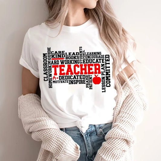 Teacher Summer White T-shirt Fashion Casual Regular Graphic Print Short Sleeve Female Matching Clothes Teacher's Gift women tops