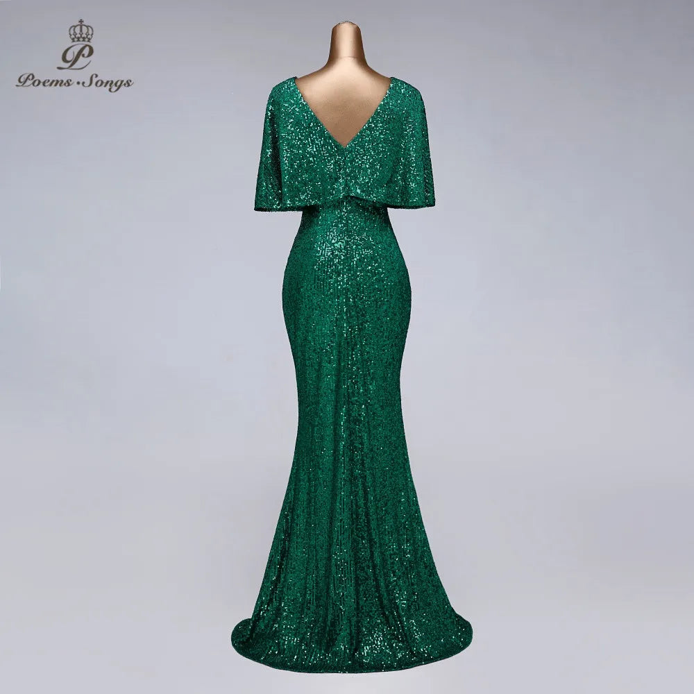 Sexy sequin Evening dress short sleeves vestidos de fiesta green dress evening gowns for women Party dress dresses Women Prom