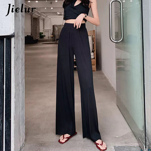 Jielur High Waist Pleated Pants Female S-XXL Thin Simple Loose Straight Women Trousers Black Navy Blue Wide Leg Long Pants Women Jeans