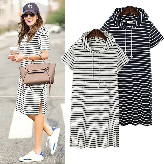 Summer New Hooded Short Sleeve Woman Dress Drawstring Striped Loose Split Pocket O Neck Ladies Dresses Plus Size 5XL Women Dress For Work - Women Casual