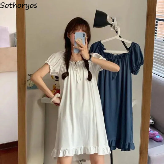 Woman Nightgowns Short Sleeve Solid White Blue Sleepwear Student Sweet Lovely Nightdress Fashion Simple Korean Style Home Women Lounge
