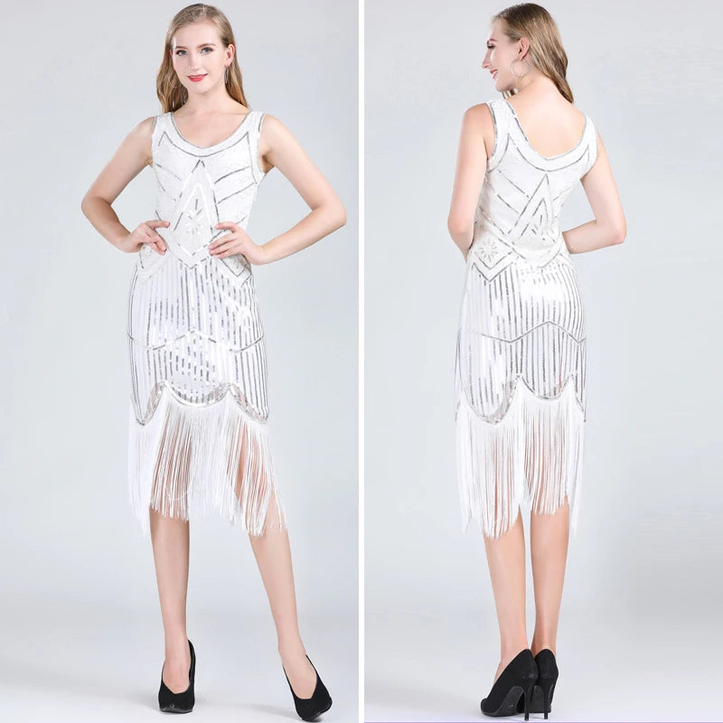 Woman Party Dress Great Gatsby Flapper Dress V Neck Sleeveless Embellished Sequin Beaded Fringe Dress Vestidos Women Tees - Women Prom