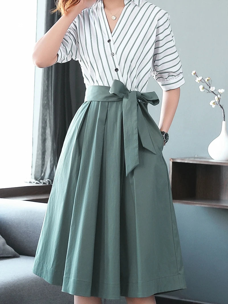 Striped Shirt Dress Woman Elegant Office Ladies OL Midi Work Tunic Korean Fashion Bow Sashes Bandage Big Swing Dresses New Women Dress For Work