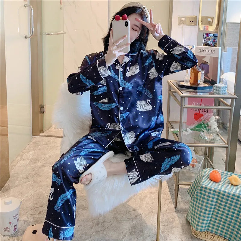 Large Size 6XL 7XL 8XL Pajamas Set Sleepwear Woman Satin 2PCS Shirt&Pants Wear Soft Home Clothes Pyjamas Nightwear Women Lounge - Women Casual