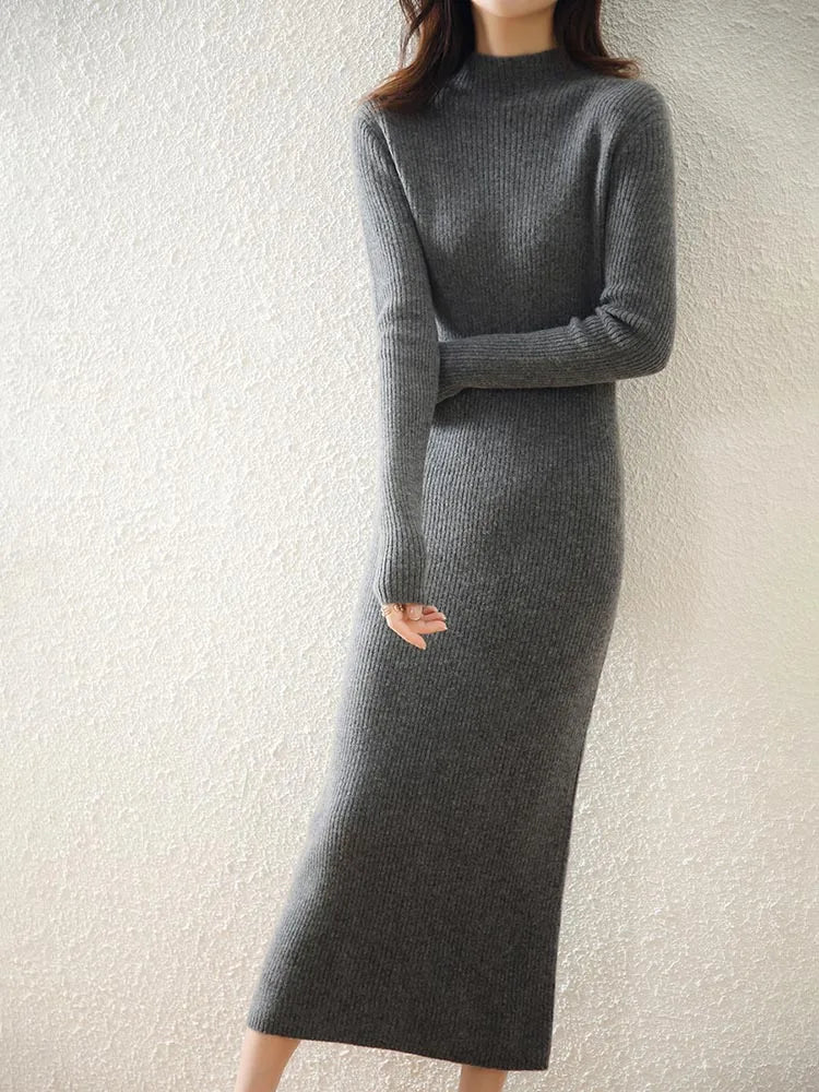 LONGING Woman Knitted Dress 100% Wool Sweater Dress Autumn Winter Slim Knit Maxi Long Sweater Dress Lady Pullover Dresses Solid Women Prom