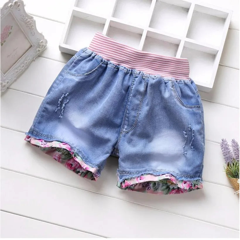 New Summer Kids Denim Shorts Fashion Princess Jeans Children Pants Flower Clothing girls short