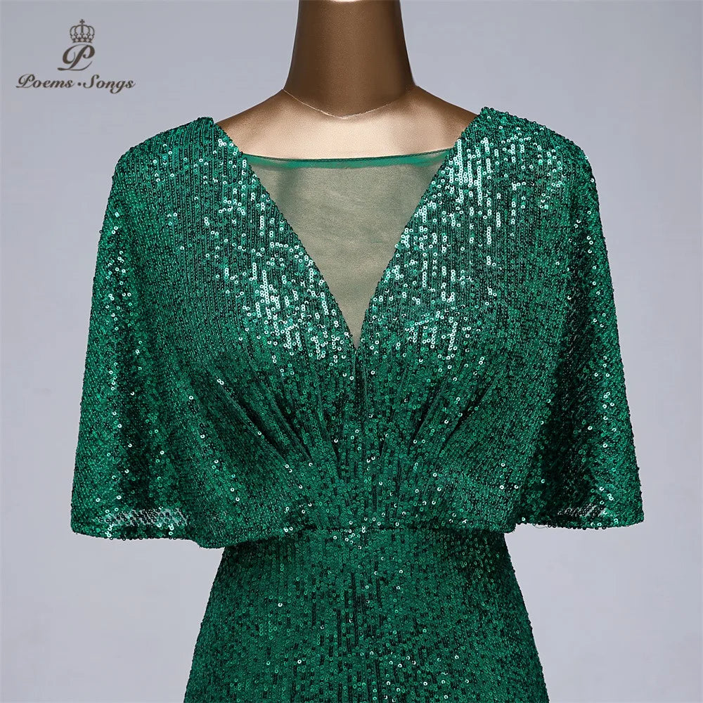 Sexy sequin Evening dress short sleeves vestidos de fiesta green dress evening gowns for women Party dress dresses Women Prom