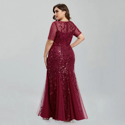 Sequin Mesh Embroidery Mermaid  Evening Dress Formal Short Sleeve Elegant Party Gowns New Long Women Plus Size Clothing - Women Prom
