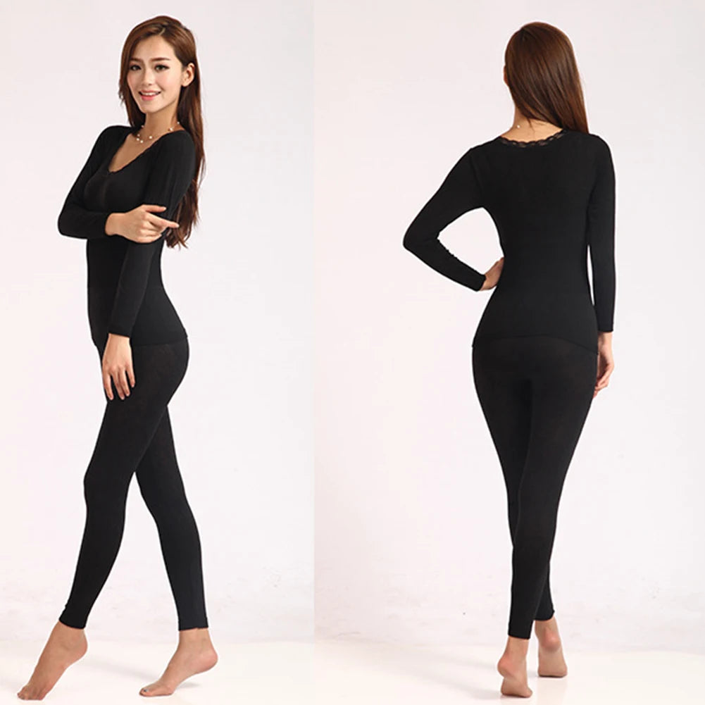 Woman Thermal Underwear Sexy Winter Clothes Seamless Lace Neck Thermal Clothing Set Woman 2 Pieces Long Johns for Women Lingerie