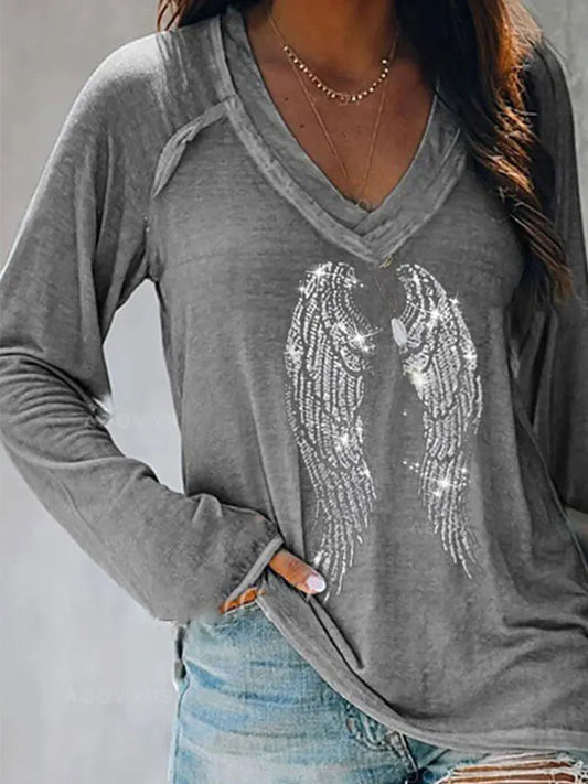 Spring Summer V Neck Loose Oversize Tee Shirt Gary Glitter Studded Wing Pattern Long Sleeve Top blusas y camisas women casual - women tops - women prom