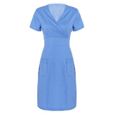 Nurse Working Uniforms Woman Short Sleeve V-neck Solid Work Uniform Pocket Dress Summer Medical Uniforms For Women Casual - Women Lounge