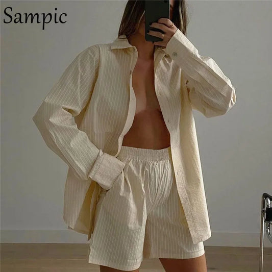 Sampic Loung Wear Tracksuit Women Shorts Set Stripe Long Sleeve Shirt Tops And Waist Loose High Mini Shorts Two Piece Sets Women Short & Leggings