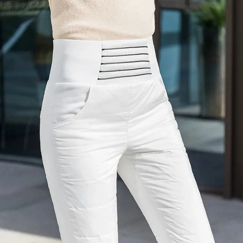 Winter Warm Duck Down Pants Korean Fashion Striped White Down Thicken Woman Slim High Waist Cotton Stretch Pencil Pants Women Trousers - Women Legging