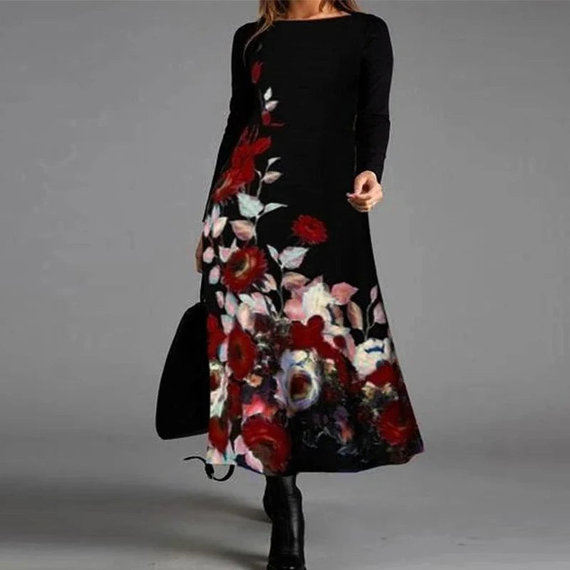 Loose Long Sleeve Vintage Floral Print Dress Round Neck Autumn Loose Dress Elegant Femme Party Dress Large Size Women Casual - Women Prom - Women Tees