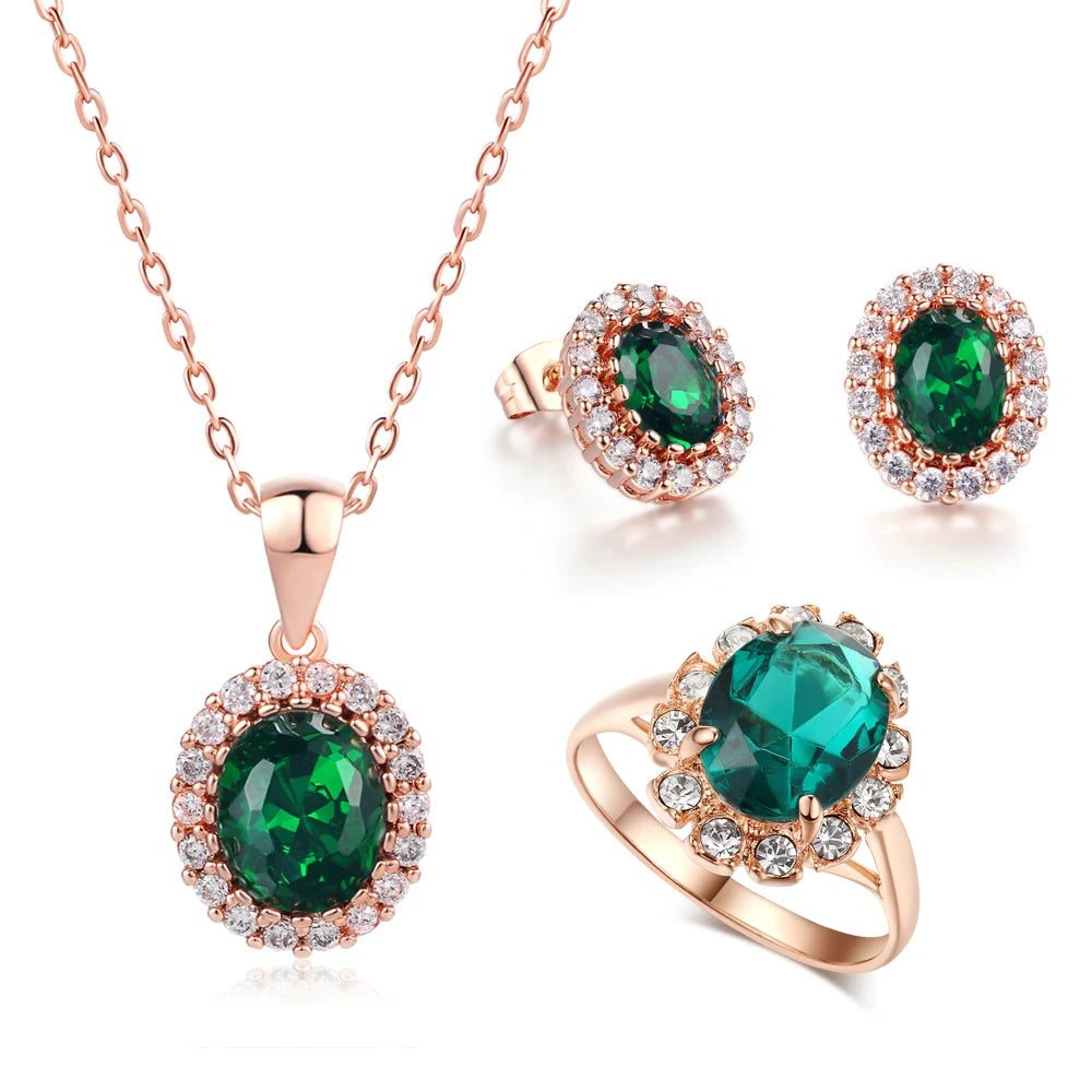 Wedding Jewelry Set For Women Rose Gold Color Created Green Austrian Crystal With 3 Pcs Ring + Necklace + Earrings - Women Jewellery - Girl Jewellery - Women Accessory - Girl Accessory