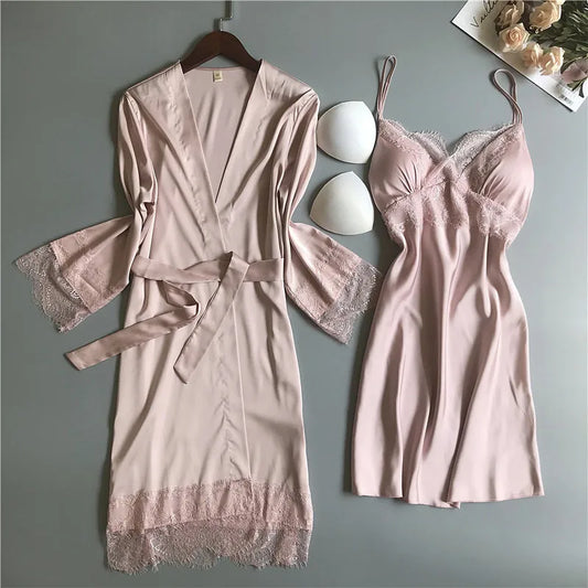 MECHCITIZ silk robe & gown set sexy sleepwear women lingerie dressing summer pajamas lace bathrobe lounge sleep set home pajamas Women Lingerie