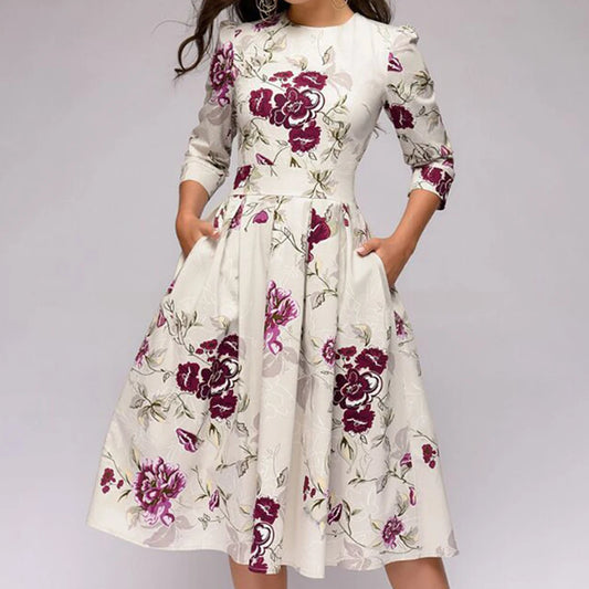 Fashion Woman Dress Elegant Fashion Floral Print Sleeve Round Neck A-line Slim Fit Ruched Evening Party Dress Women Plus Size Clothing - Women Prom