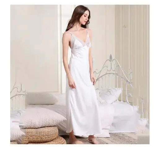 Slim Long Nightgown Spaghetti Strap Sleeveless Satin Home Dress Solid Rayon Sleepwear Fashion Loose Nightshirt Negligee women lounge
