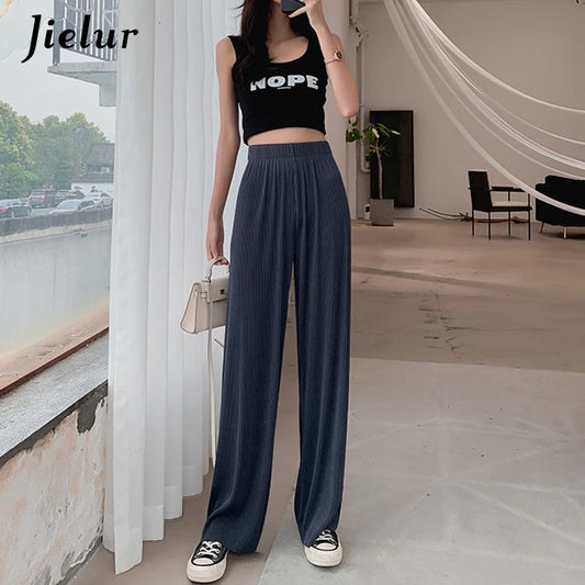 Jielur High Waist Pleated Pants Female S-XXL Thin Simple Loose Straight Women Trousers Black Navy Blue Wide Leg Long Pants Women Jeans