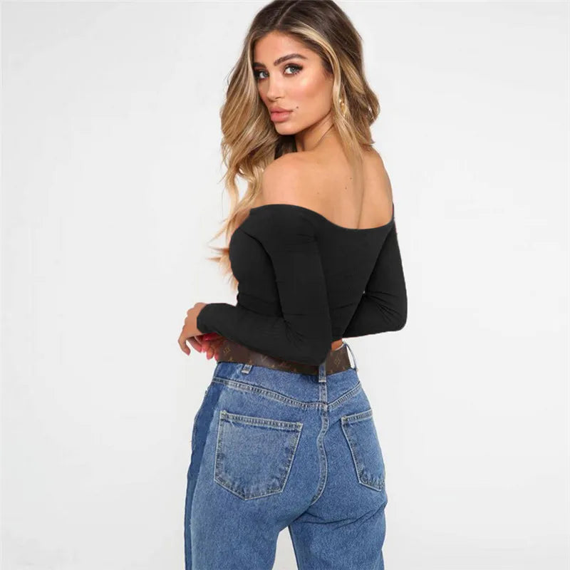 Women's Long Sleeve T-shirt Summer Fashion Casual Sexy Off Shoulder Solid Color Umbilical Exposure Sexy girl tops - women casual