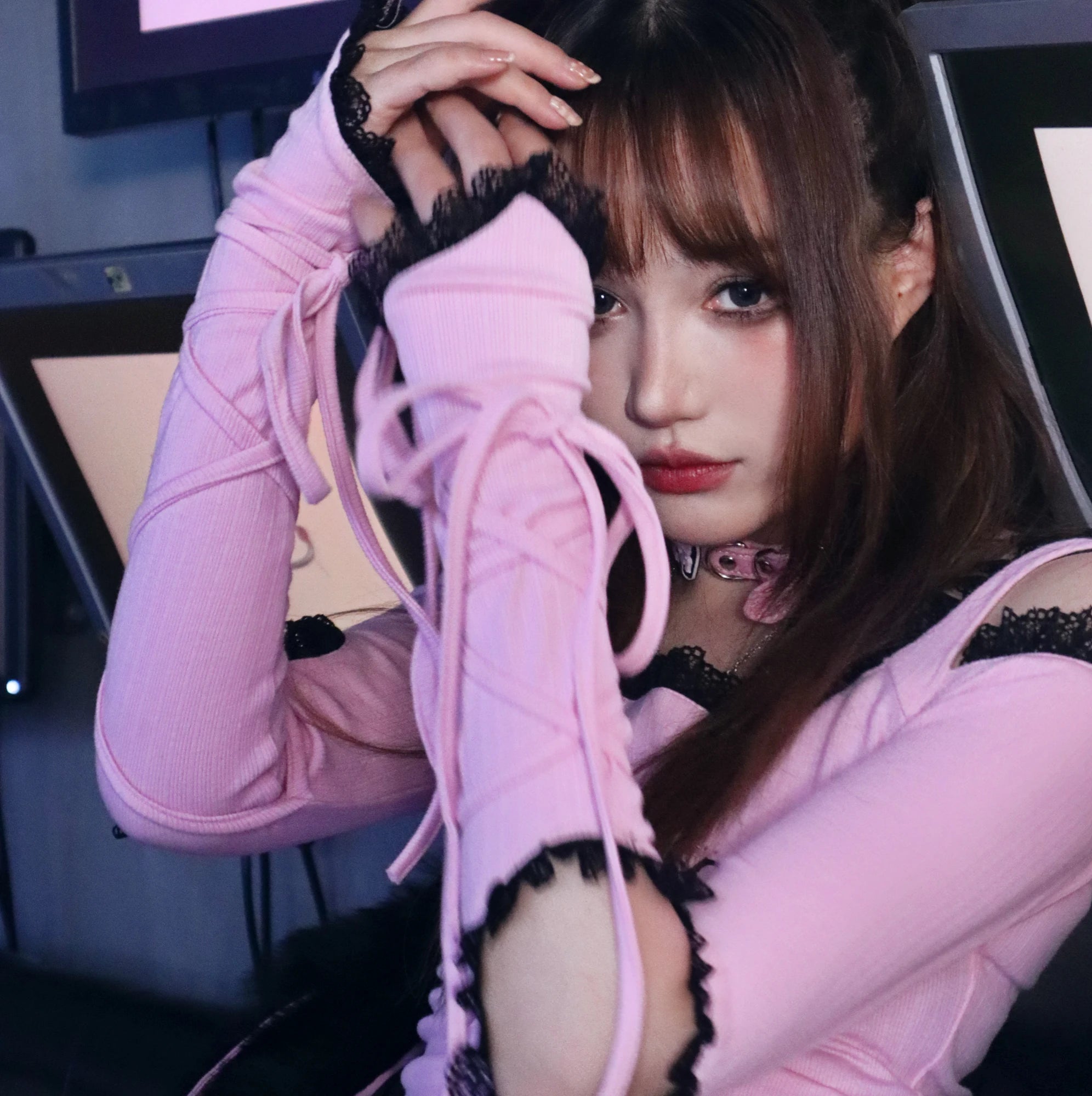 Mikumn Harajuku Gothic Punk Girls Cute Pink Letter Print Hollow Out Lace Irregular Lace-Up Long Sleeve Slim T-Shirts women short - girl short
