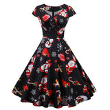 Woman Christmas Party Dress Sleeve V Neck Elegant Vintage Print Xmas New Year Sundress  3XL Robe Women Prom - Women Casual