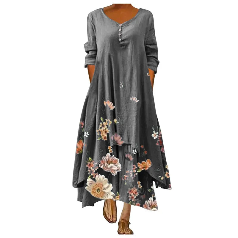 Summer Floral Print Long Sleeve Dresses Woman O Neck Buttons Irregular Hem Maxi Dress Loose Plus Size Party Vestidos Long Dress Women Casual - Women Dress For Work