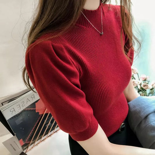 Half Turtleneck Knitted T-shirts Slim Short Puff Sleeve Buttons Soft Solid Autumn T-shirt Tee women tops