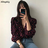 Shirt Woman Vintage Printed V-neck Sexy Korean Style Top Sweet Lantern Sleeve Retro Chic All-match Spring Autumn Single-Breasted Women Tops