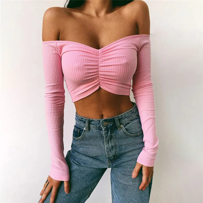 Women's Long Sleeve T-shirt Summer Fashion Casual Sexy Off Shoulder Solid Color Umbilical Exposure Sexy girl tops - women casual