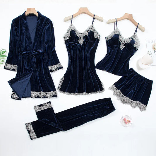 Sexy Lace Nightwear Pajamas Suit Intimate Velour Sleep Set 5PCS Kimono Robe Velvet Soft women lingerie