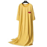 Cotton Striped Long Nightgown Big Size Women Short Sleeve Nightdress Homewear Casual Lounge Home Gown Summer New women sleep