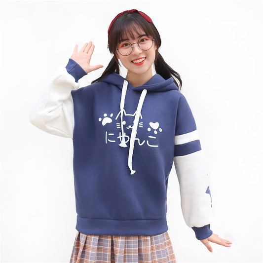 Japanese Kawaii Pink Sweatshirt Women Harajuku Anime Cat Clothes Mori Girl Preppy Warm Lovely Cute Paw Graphic Pullover Moletom - Women Jacket