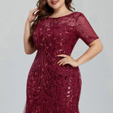 Sequin Mesh Embroidery Mermaid  Evening Dress Formal Short Sleeve Elegant Party Gowns New Long Women Plus Size Clothing - Women Prom