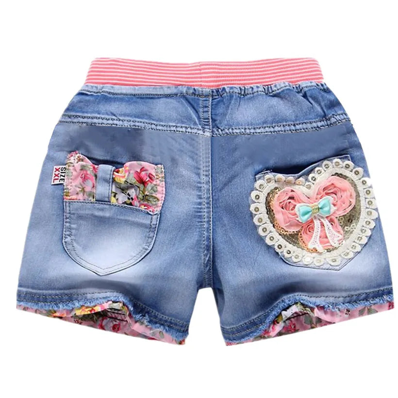 New Summer Kids Denim Shorts Fashion Princess Jeans Children Pants Flower Clothing girls short