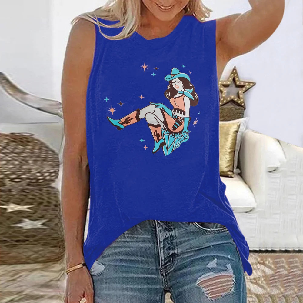 Beautiful Girl Print Sleeveless Woman T-shirt New Summer Loose Cartoon Tee Shirt Femme Round Neck Top Clothes Women Tops - Women Casual