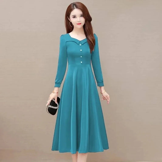 Solid Colors Midi Dress Woman Slim High Waist Long Sleeve Lady Office Vestidos Spring Autumn Outfits Women Dress For Work