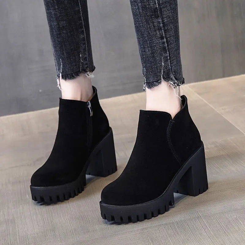 Footwear Punk Style Booties Black Female Ankle Boots Very High Heels Combat Short for Heeled Suede Winter Sale Women Shoes