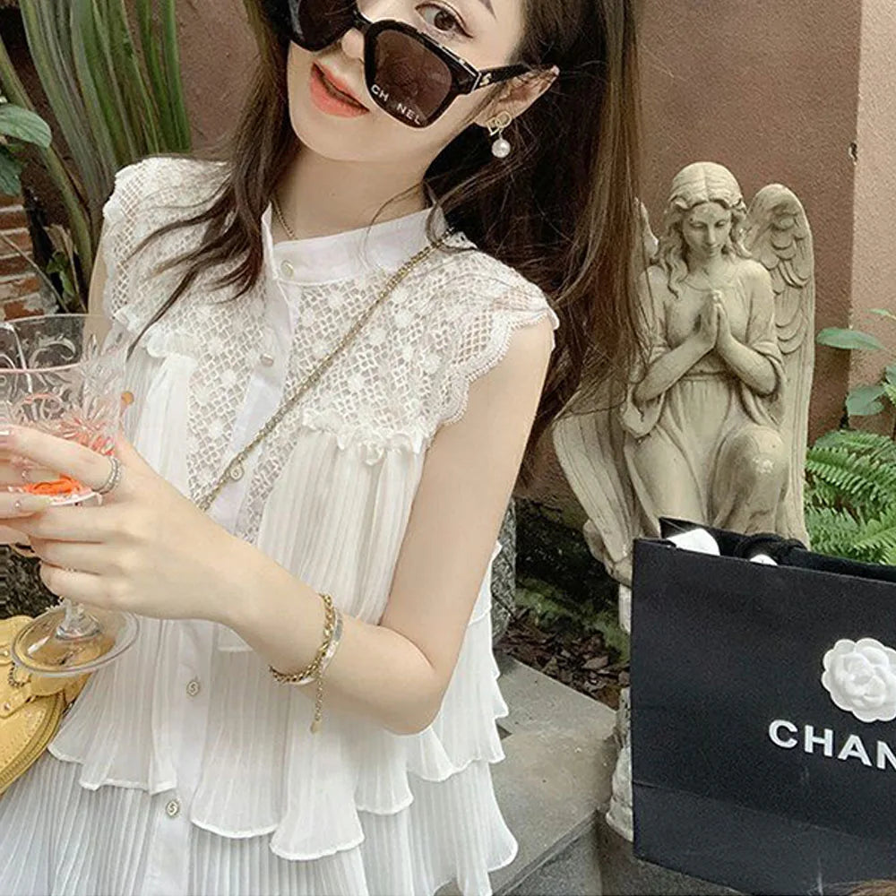 Temperament Round Neck Hollow Lace Sleeveless Shirt Women's Summer New Western Style Design Sense Niche Trend Cardigan Women Tops - Women Prom