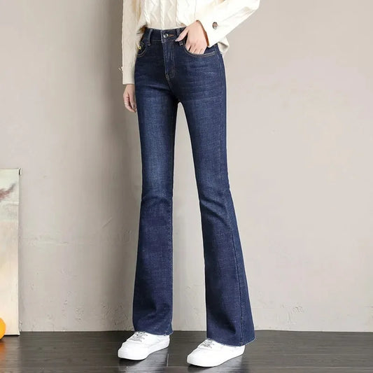 Vintage Plush Lined Flare Jeans Women New Winter Warm Casual Skinny Vaqueros Thicken Stretch Denim Pants High Waist Bell-bottoms Women Jeans