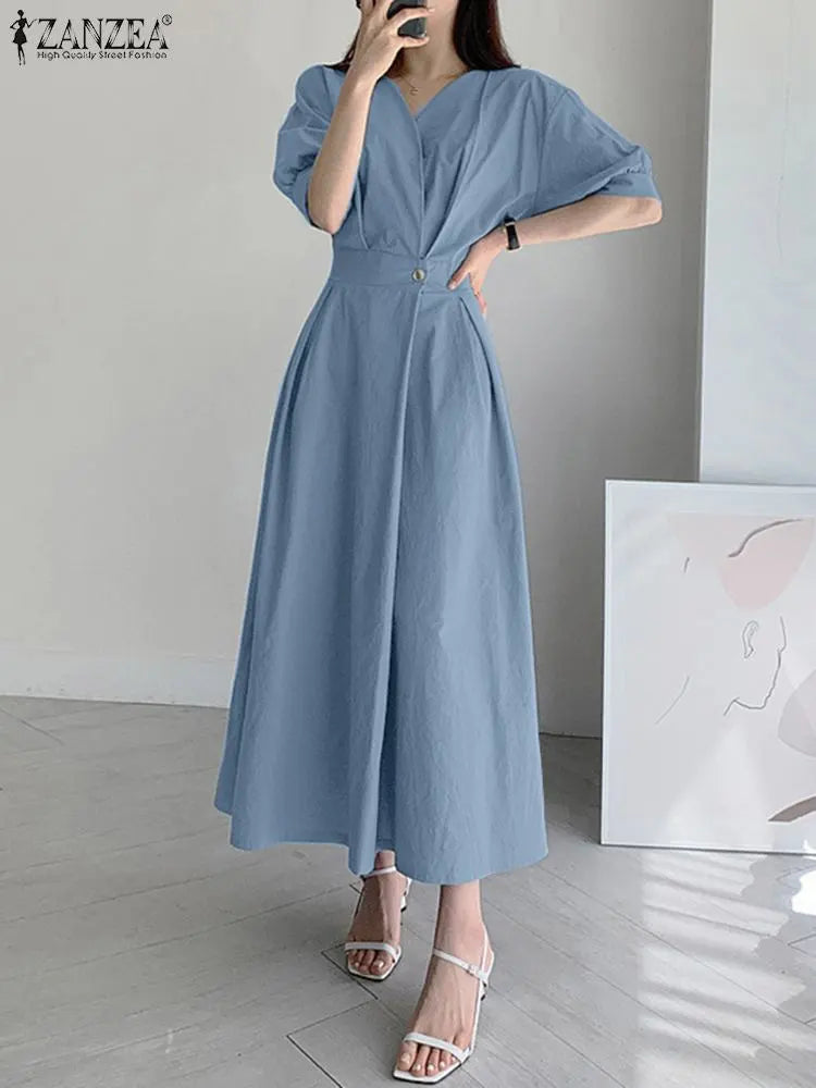 ZANZEA Woman V Neck Solid Dress Pleated Sundress Summer Femme 
 Vestido OL Korean Fashion A Line Dresses Baggy Robe Women Work Dress