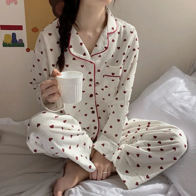 Homewear Winter Print Sweetheart Pajamas Set Women Set Pyjamas Sleepwear Nightwear Pijama Mujer women lounge