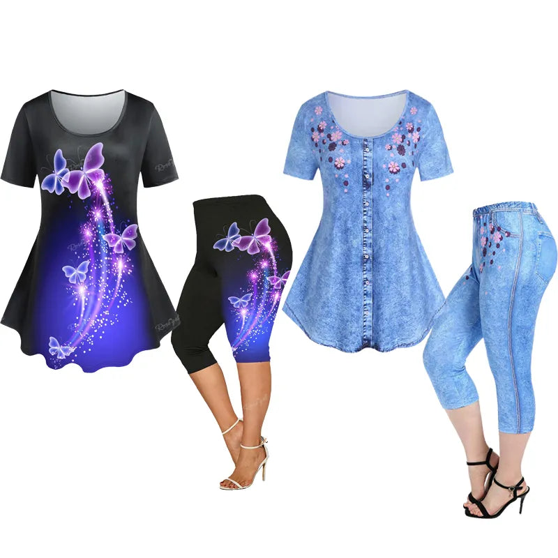 ROSEGAL Plus Size 3D Printed Tee And Capri Leggings Matching Set Size Is Too Large Butterfly Floral Pattern Outfits women legging