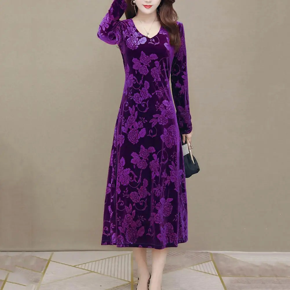 Office Work Dress Elegant Plus Size Floral Print Midi Dress for Mid-aged A-line V Neck Long Sleeve Mid-calf Length Premium Party Women Dress For Work - Women Prom