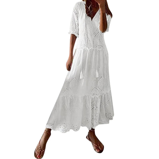 White Long Dress Woman Oversize Lace Up Dress Female Loose V Neck Lace Dress Ladies Hollow Out Beach Boho Swing Maxi Women Casual - Women Plus Size Clothing - Women Prom