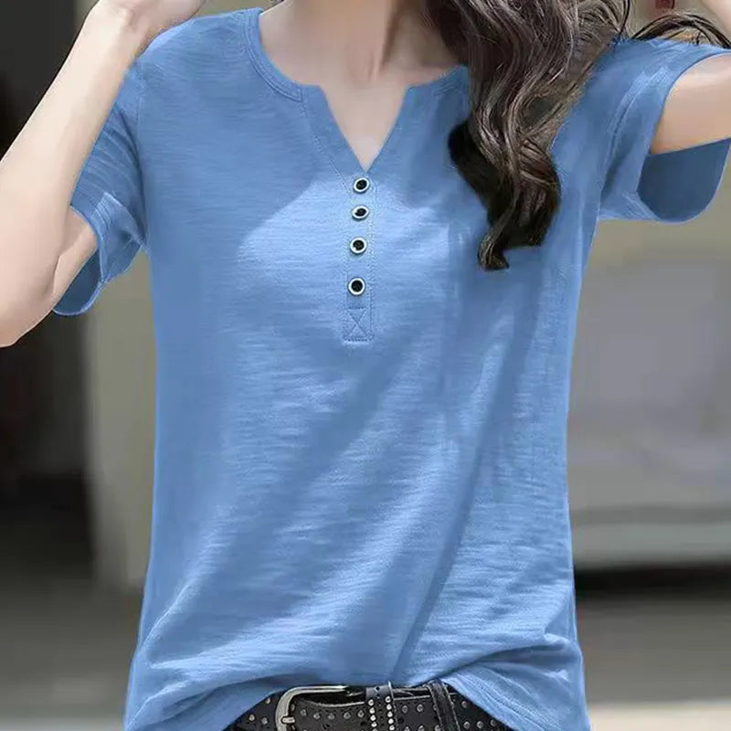 Women's Blouse Clothing V-neck Button T-shirt Spring Summer Loose Large White Short Sleeve Solid Elegant Women Casual - Women Tops