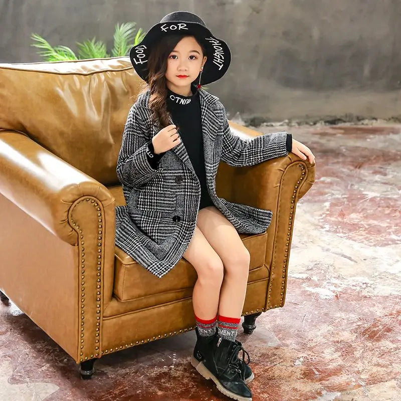 Fashion Plaid Wool Coat Girls Double-breasted Kids Outerwear Autumn Thick Winter Clothes Girls 6 8 10 12 14Yrs girl jacket