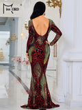 Missord Elegant Red Evening Dresses Woman O Neck Long Sleeves Sequin Backless Bodycon Maxi Mermaid Party Dress Ladies Gown women prom - women contemporary